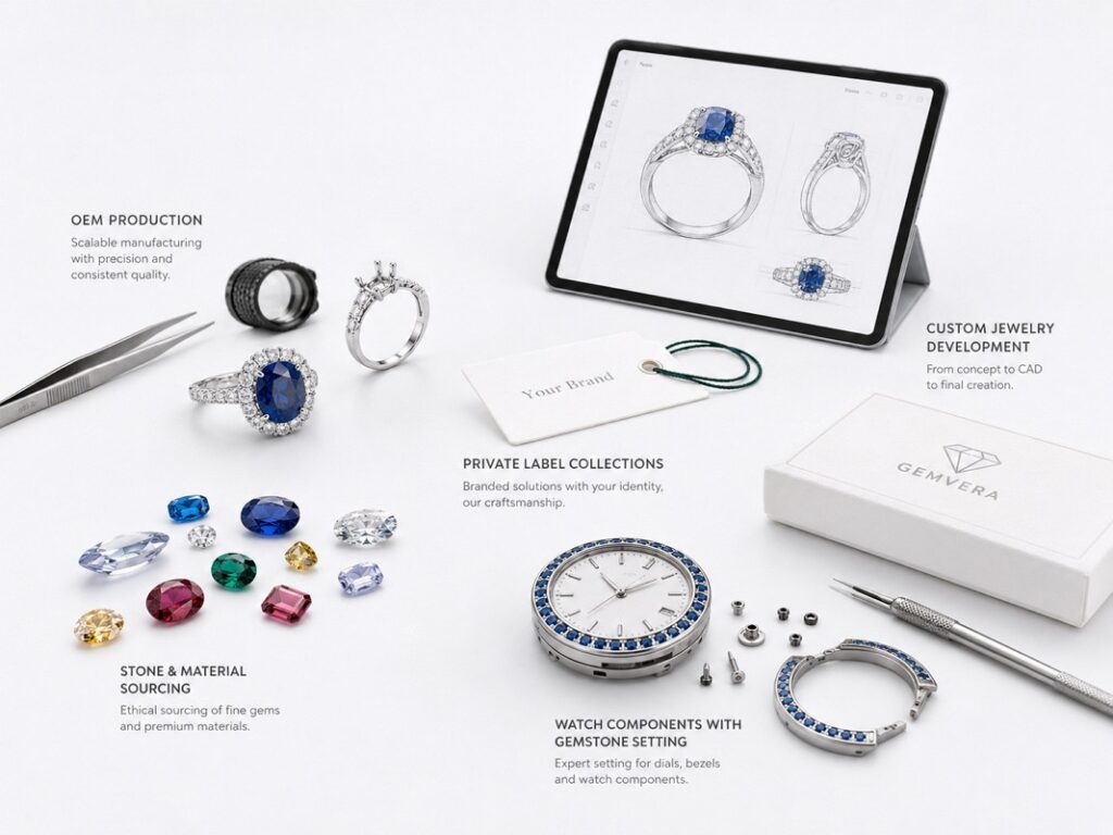 B2B jewelry service areas including OEM production, private label collections, custom jewelry development and stone sourcing