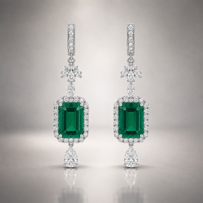 Finished green gemstone and diamond earrings example for custom jewelry production