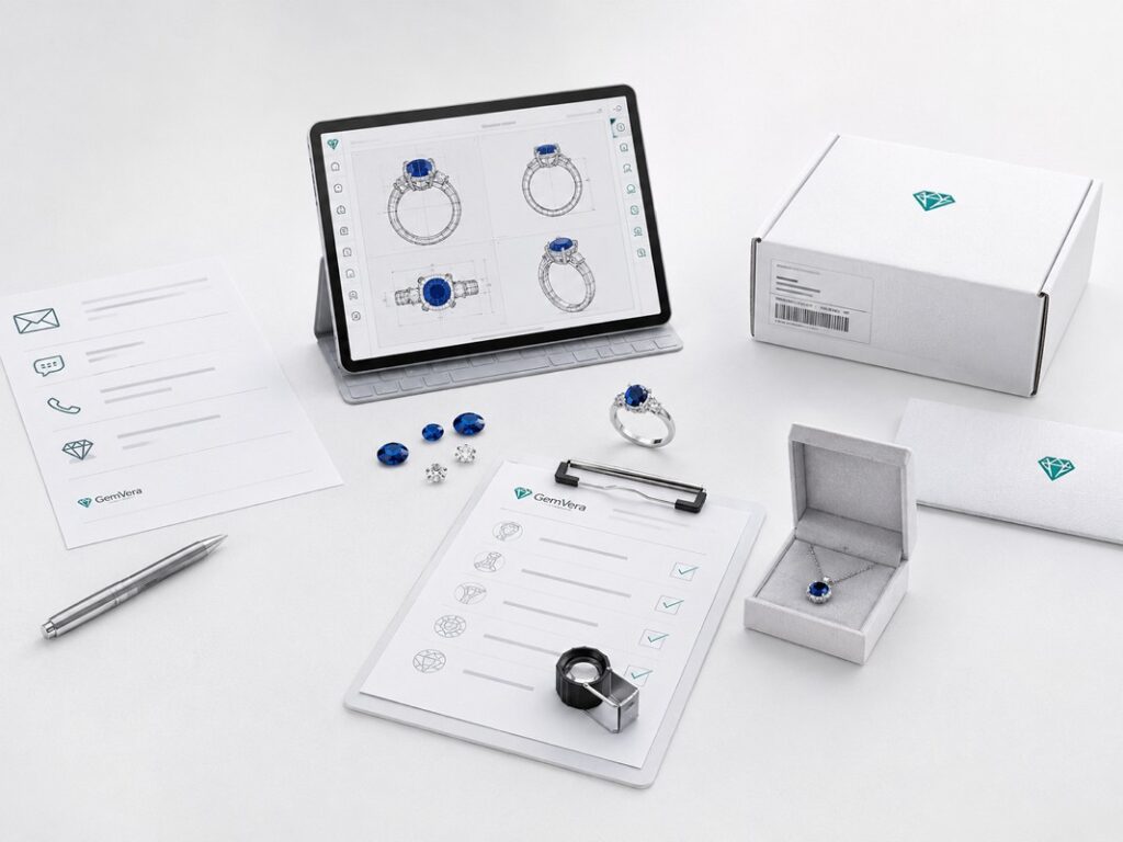 Jewelry project workflow with inquiry review, CAD development, sampling and production coordination for B2B clients
