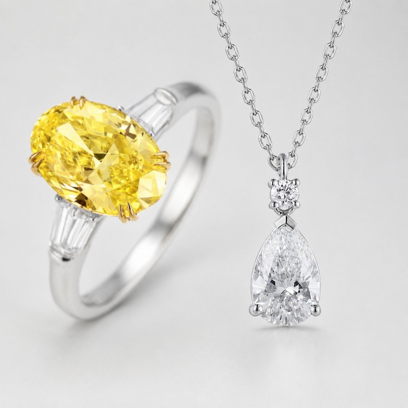 Lab-grown diamond jewelry solutions with a yellow diamond ring and a white diamond pendant