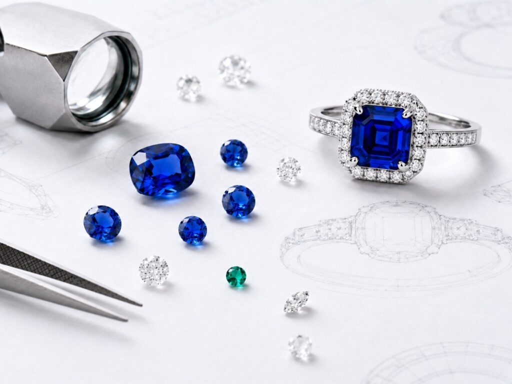 Lab-grown blue sapphire ring with loose gemstones and diamonds on a jewelry development workbench